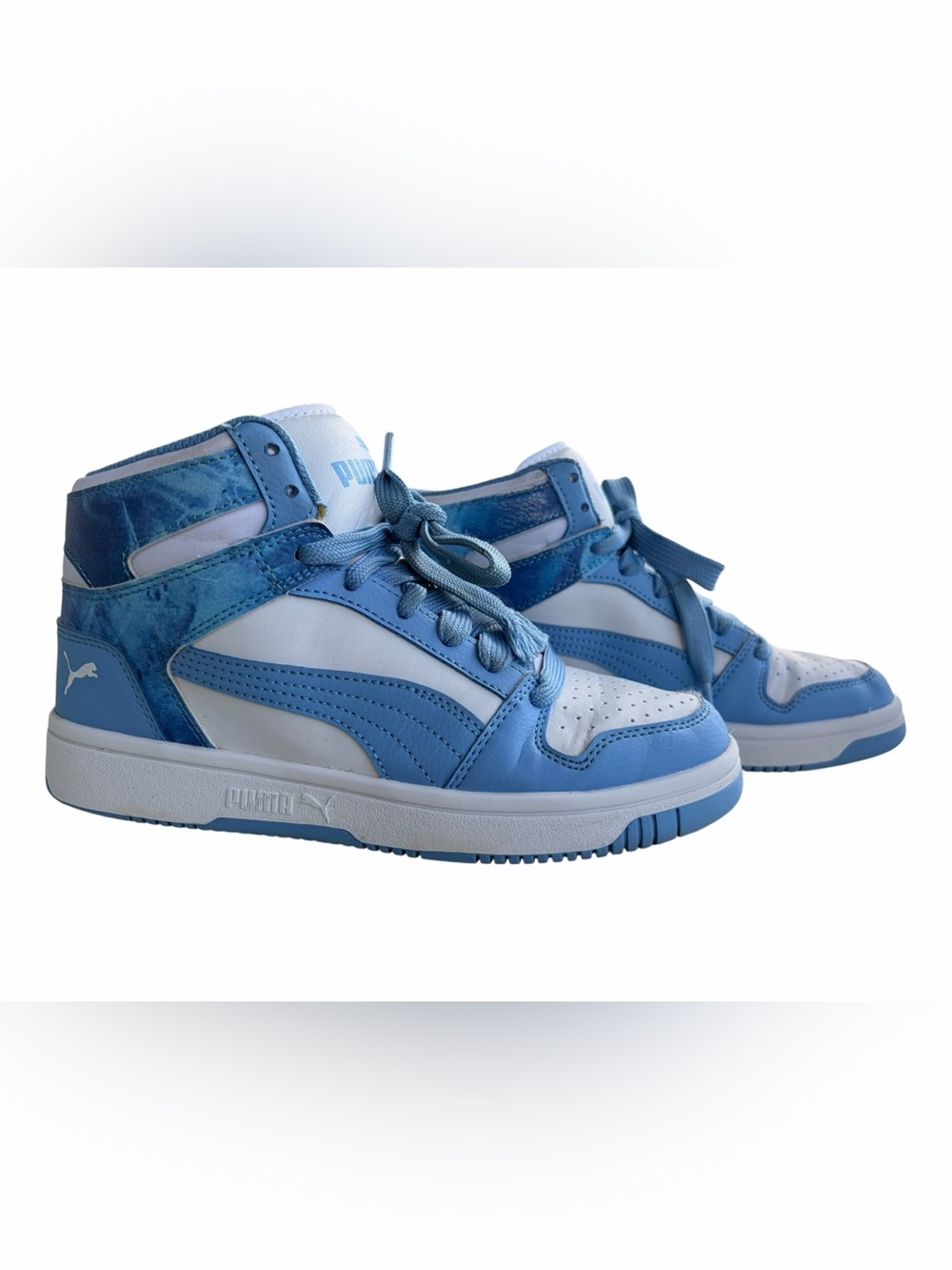 Puma Kids Rebound Layup Mid Light Blue and White High-Top Sneakers